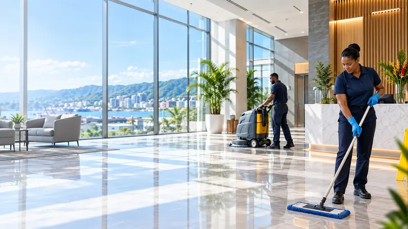 A uniformed cleaning professional mopping a polished lobby floor while a colleague wipes down the reception desk.