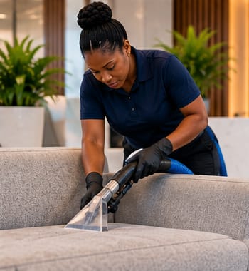 Cleaner shampooing a fabric sofa with an upholstery tool