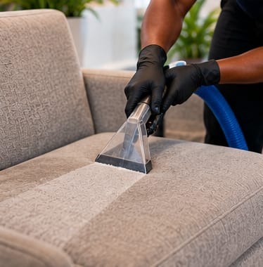 Upholstery extraction tool cleaning a sofa cushion