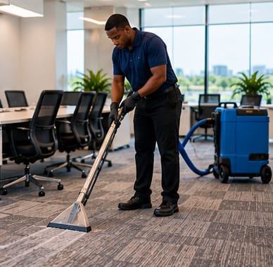 Cleaner shampooing carpet in an office with a carpet extractor