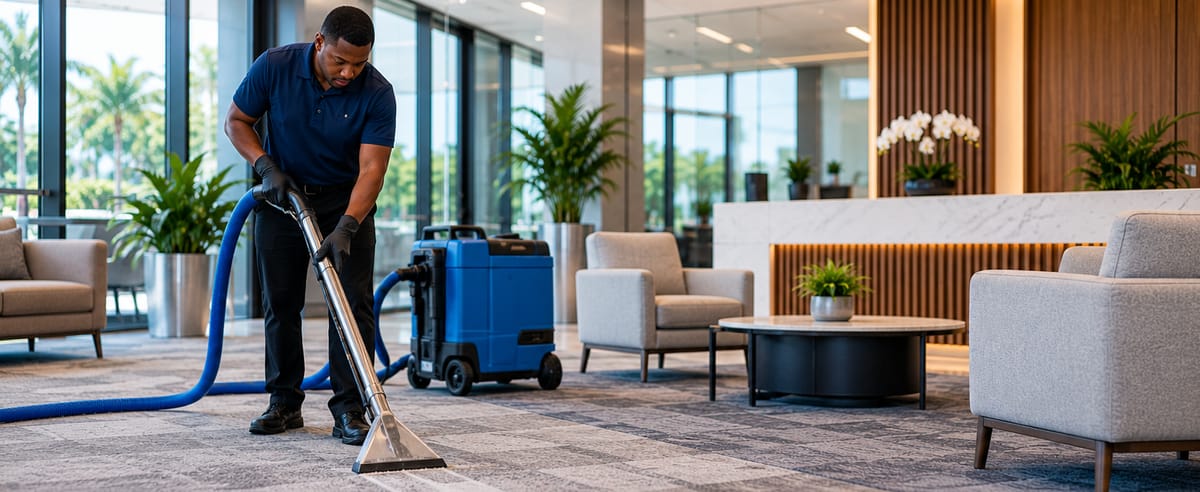 A cleaner shampooing office carpet with an extraction machine in a lounge area