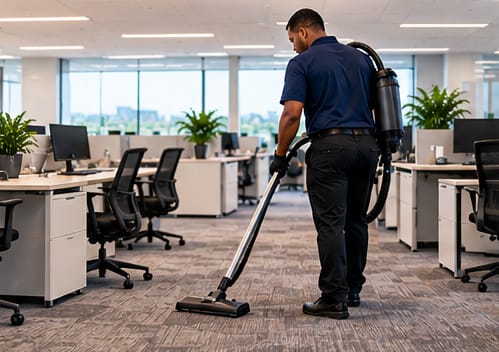Cleaner vacuuming carpet in an open-plan office with a backpack vacuum