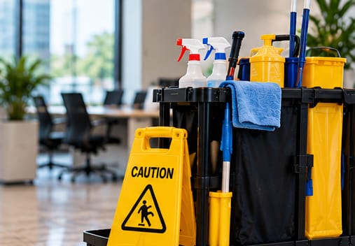 Janitorial cart with spray bottles, cloths and a caution wet floor sign in an office