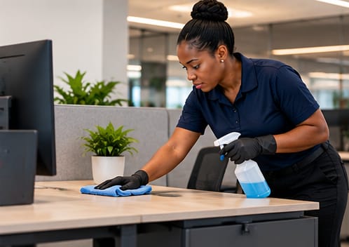 Cleaner wiping down an office desk with disinfectant spray