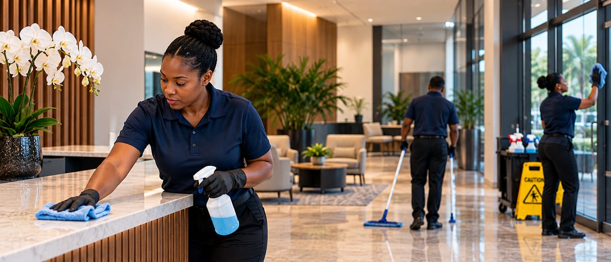 Cleaners wiping a reception counter and mopping the floor of a bright office lobby
