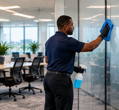 Cleaner wiping a glass office partition during a deep clean