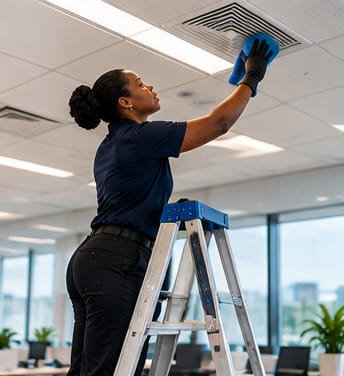Cleaner on a step ladder dusting a ceiling air vent