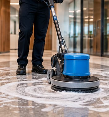 Floor machine scrubbing a marble floor