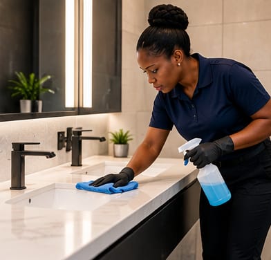 Cleaner wiping a washroom vanity and sink