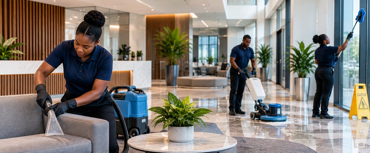Cleaners extracting a sofa, scrubbing a marble floor with a floor machine and dusting high windows in an office lobby