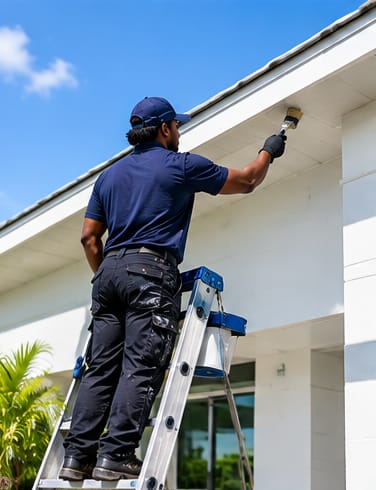 Painter on a ladder painting the exterior trim of a house
