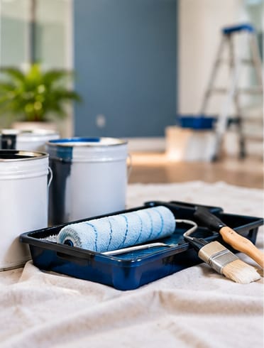 Paint tray, roller, brush and paint cans on a drop cloth