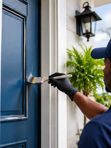 Painter brushing navy paint onto a front door