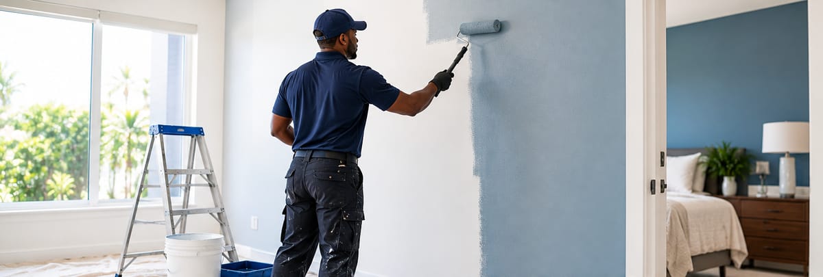 Painter rolling a fresh coat of blue paint onto an interior wall