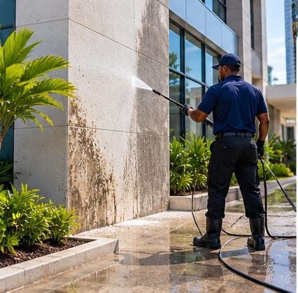 Worker pressure washing a stained exterior wall