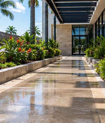 Clean paved walkway leading to a building entrance after pressure washing