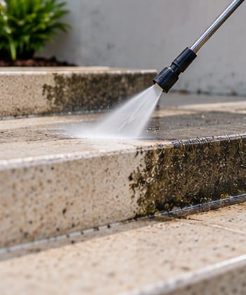 Pressure washer removing dirt from outdoor concrete steps