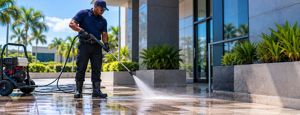 Worker pressure washing a tiled walkway outside a commercial building