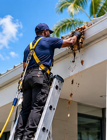 Worker on a ladder removing leaves from a gutter by hand