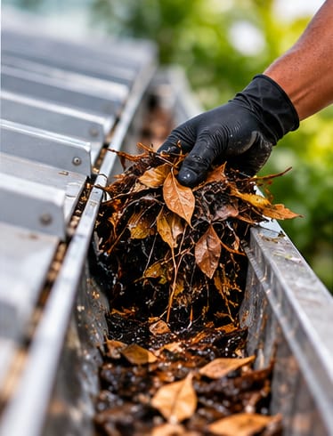 Close-up of a gloved hand clearing leaves and debris from a gutter