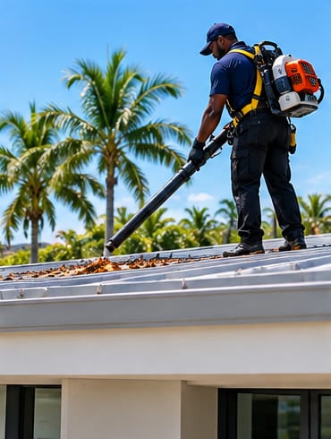 Worker using a leaf blower to clear debris from a metal roof