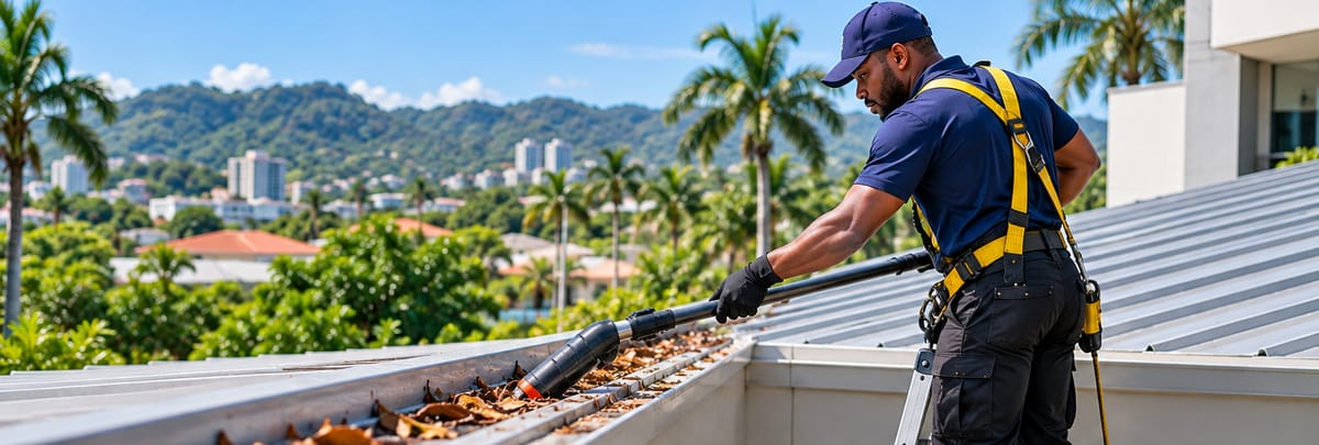 Worker in a safety harness clearing leaves from a roof gutter with a vacuum hose
