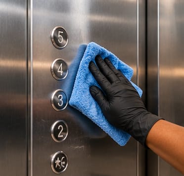 Gloved hand disinfecting elevator buttons