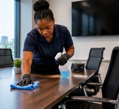 Cleaner sanitizing a boardroom table