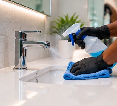 Disinfectant sprayed on a washroom tap and sink