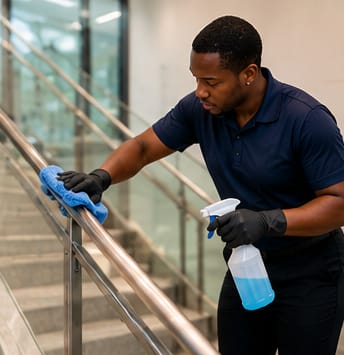 Cleaner disinfecting a stair handrail