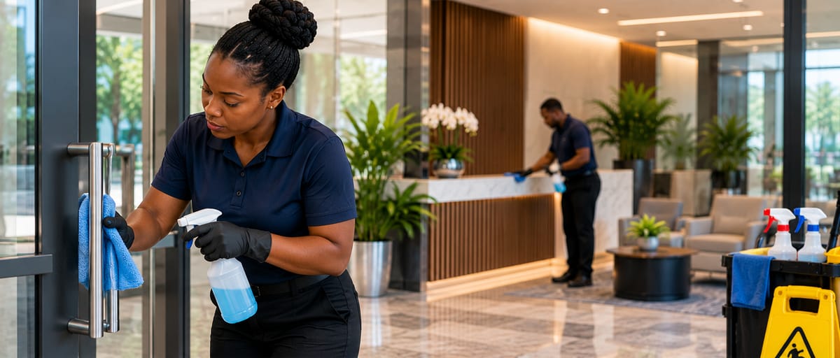 A cleaner in gloves disinfecting a door handle while a colleague wipes down a reception desk