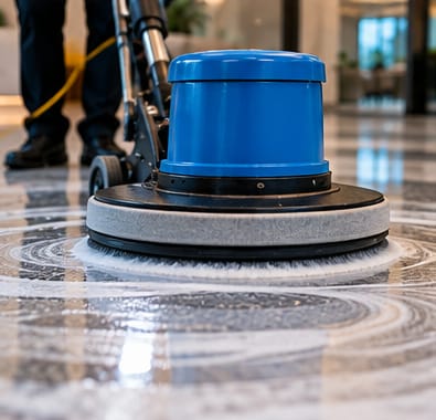 Close-up of a floor machine scrubbing a terrazzo floor