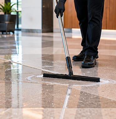 Squeegee clearing water from a terrazzo floor after scrubbing