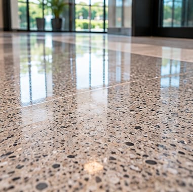 Close-up of a polished, high-gloss terrazzo floor