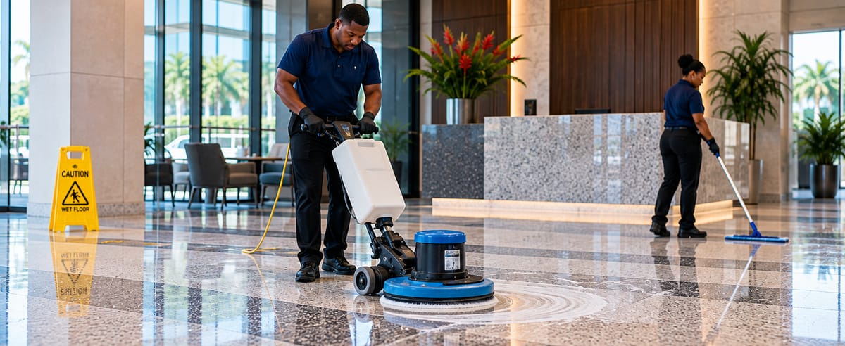 Cleaner scrubbing a terrazzo lobby floor with a floor machine while a colleague mops near the reception desk