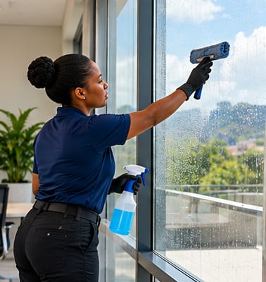 Cleaner washing an interior office window with a window scrubber