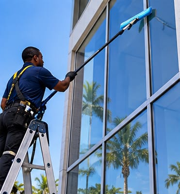 Window cleaner on a ladder cleaning tall exterior glass with an extension pole
