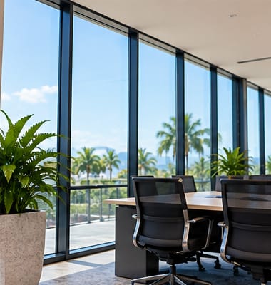 Clean, streak-free floor-to-ceiling windows in an office boardroom