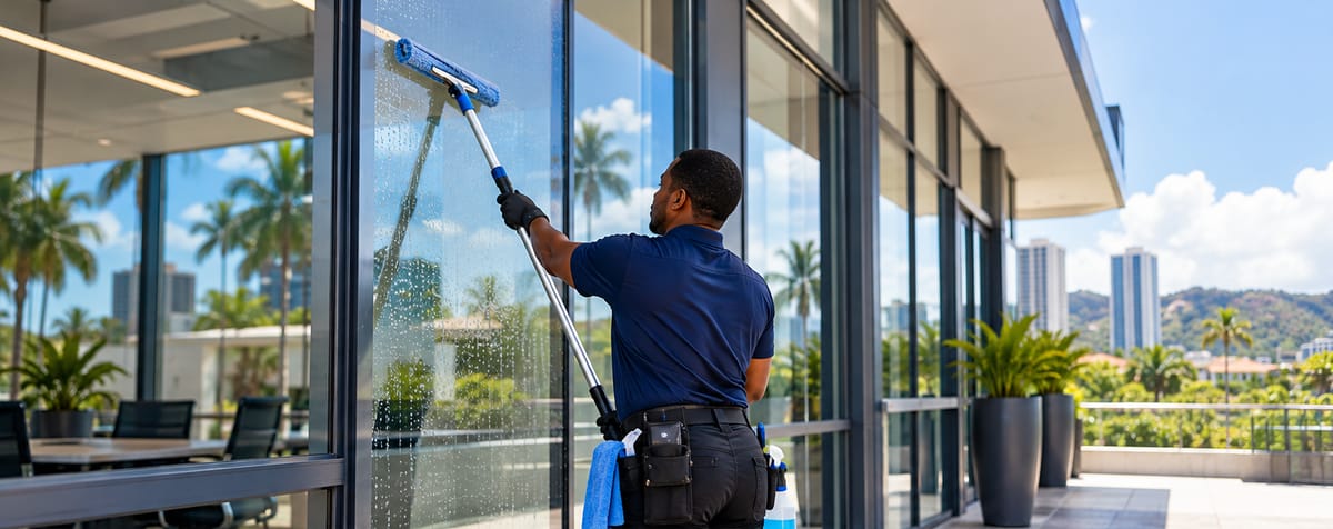 Window cleaner using an extension pole to clean exterior office windows