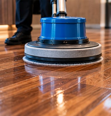 Close-up of a floor machine buffing a wooden floor
