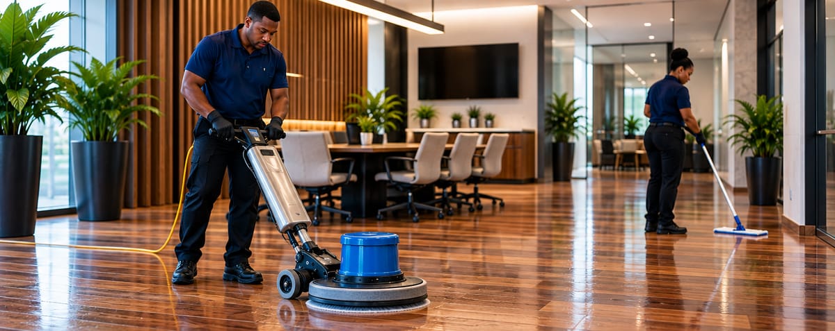 Cleaner polishing a wooden office floor with a floor machine while a colleague dust mops